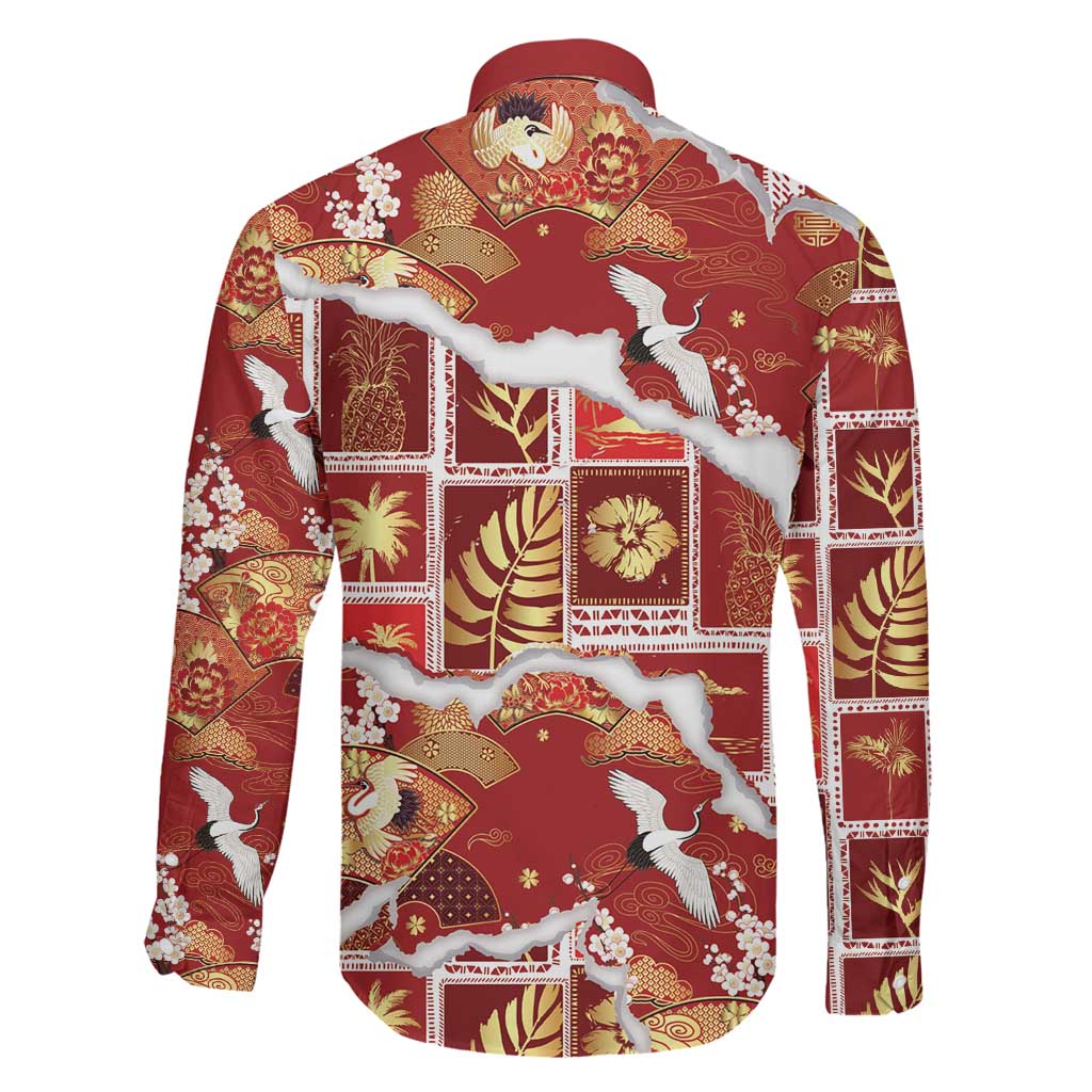 Hawaii Japanese Culture Red Family Matching Off The Shoulder Long Sleeve Dress and Hawaiian Shirt Spring Cranes Aloha Pattern LT01 - Polynesian Pride