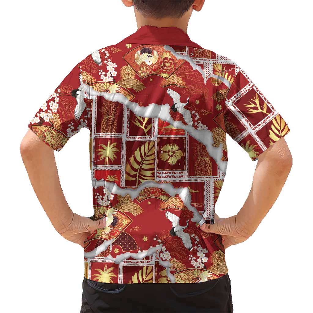 Hawaii Japanese Culture Red Family Matching Off Shoulder Short Dress and Hawaiian Shirt Spring Cranes Aloha Pattern