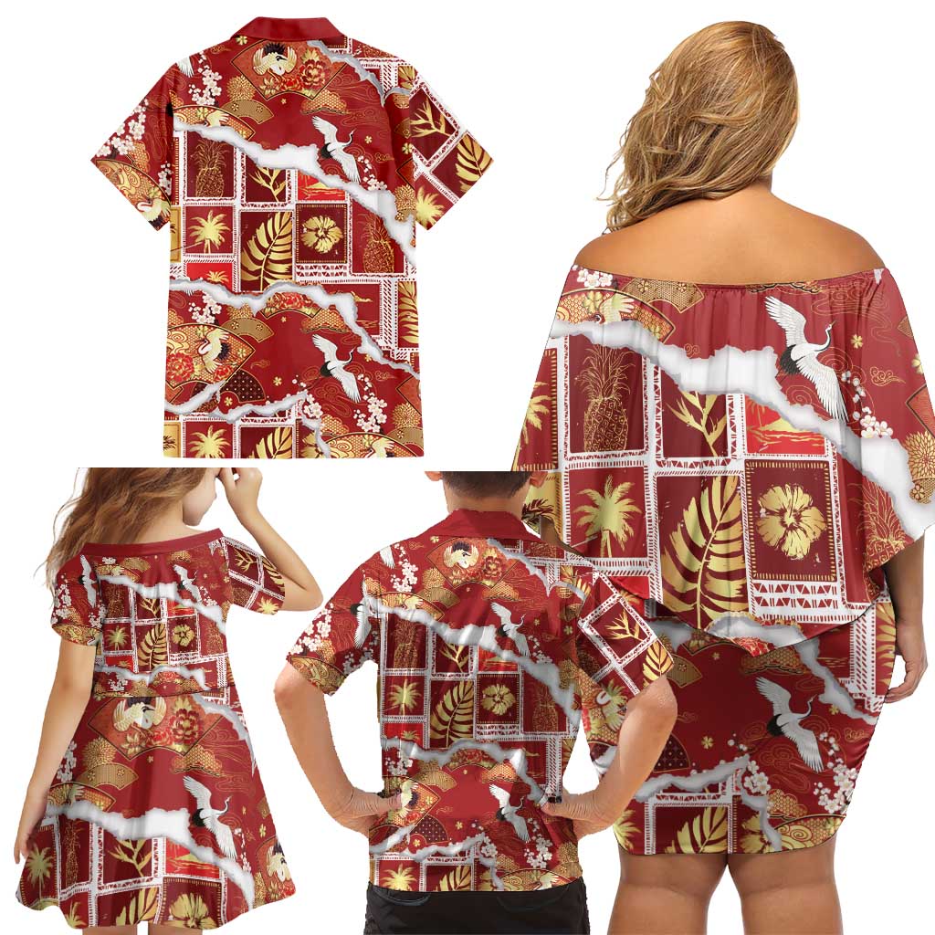 Hawaii Japanese Culture Red Family Matching Off Shoulder Short Dress and Hawaiian Shirt Spring Cranes Aloha Pattern