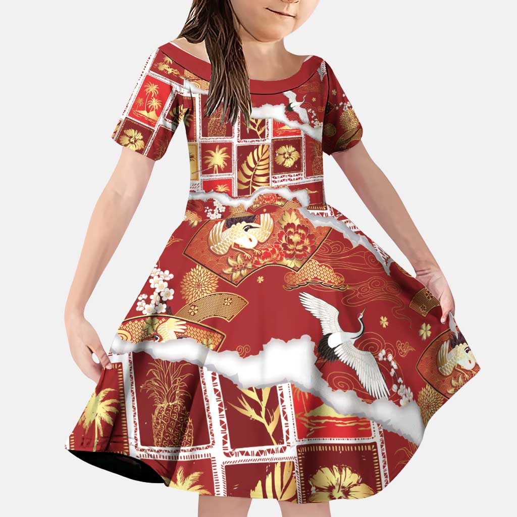 Hawaii Japanese Culture Red Family Matching Short Sleeve Bodycon Dress and Hawaiian Shirt Spring Cranes Aloha Pattern LT01 Daughter's Dress Red - Polynesian Pride