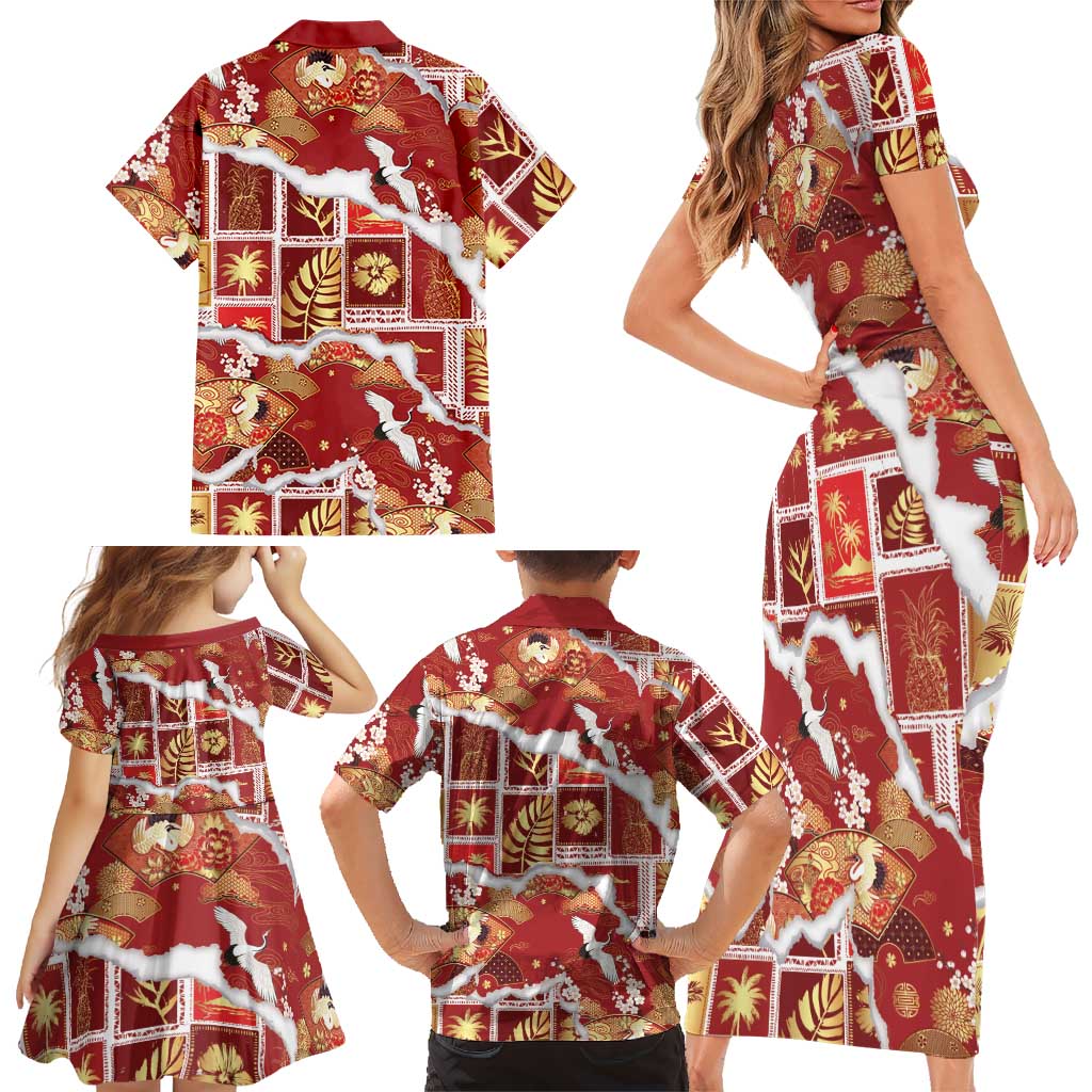 Hawaii Japanese Culture Red Family Matching Short Sleeve Bodycon Dress and Hawaiian Shirt Spring Cranes Aloha Pattern LT01 - Polynesian Pride