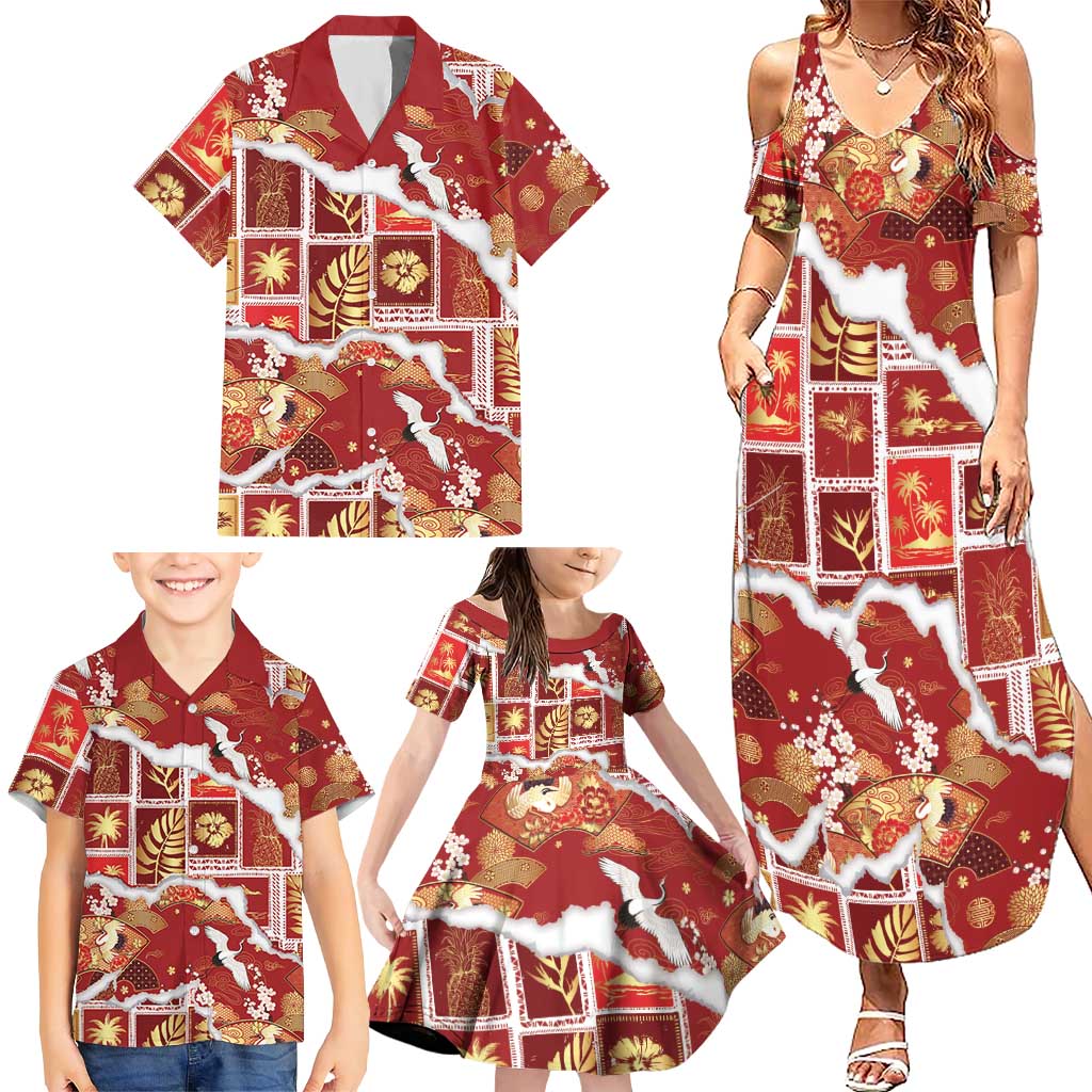 Hawaii Japanese Culture Red Family Matching Summer Maxi Dress and Hawaiian Shirt Spring Cranes Aloha Pattern