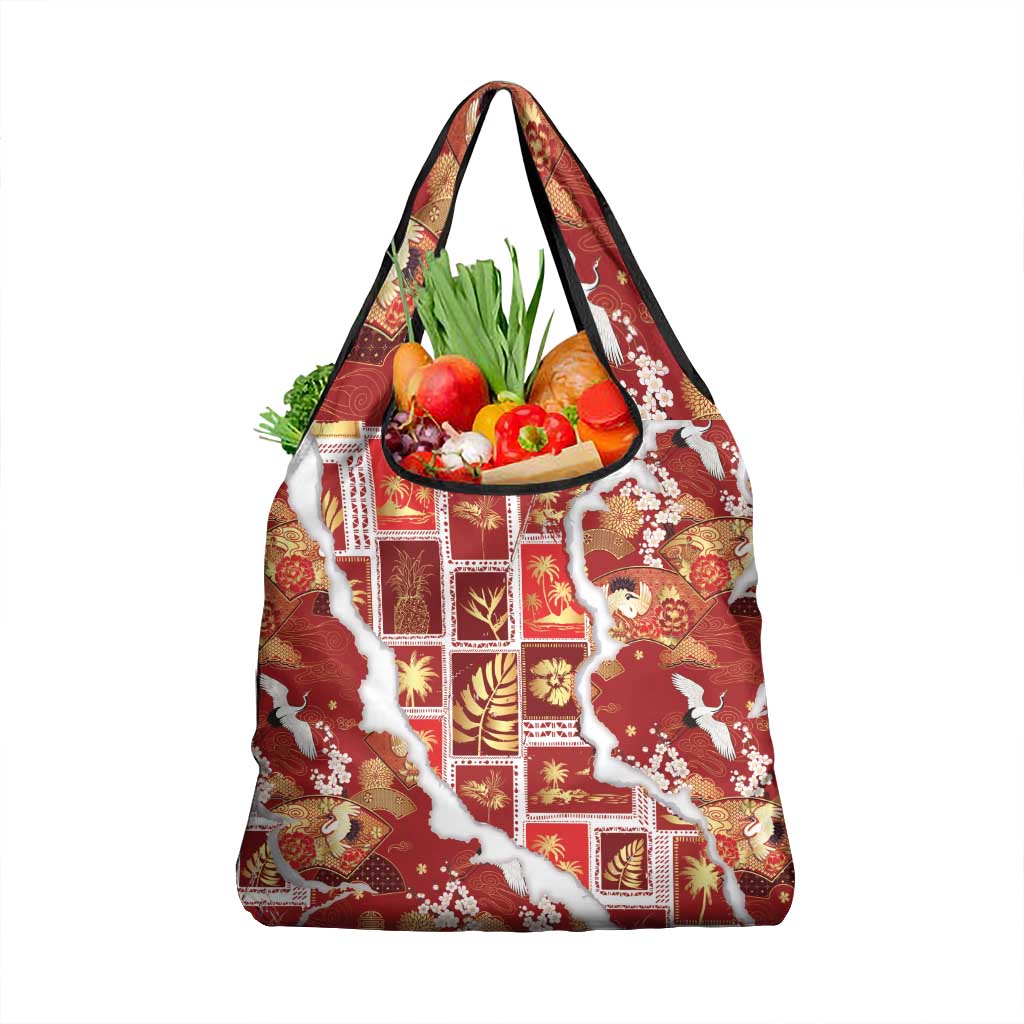 Hawaii Japanese Culture Red Grocery Bag Spring Cranes Aloha Pattern
