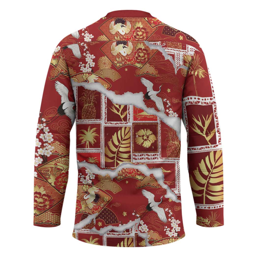 Hawaii Japanese Culture Red Hockey Jersey Spring Cranes Aloha Pattern