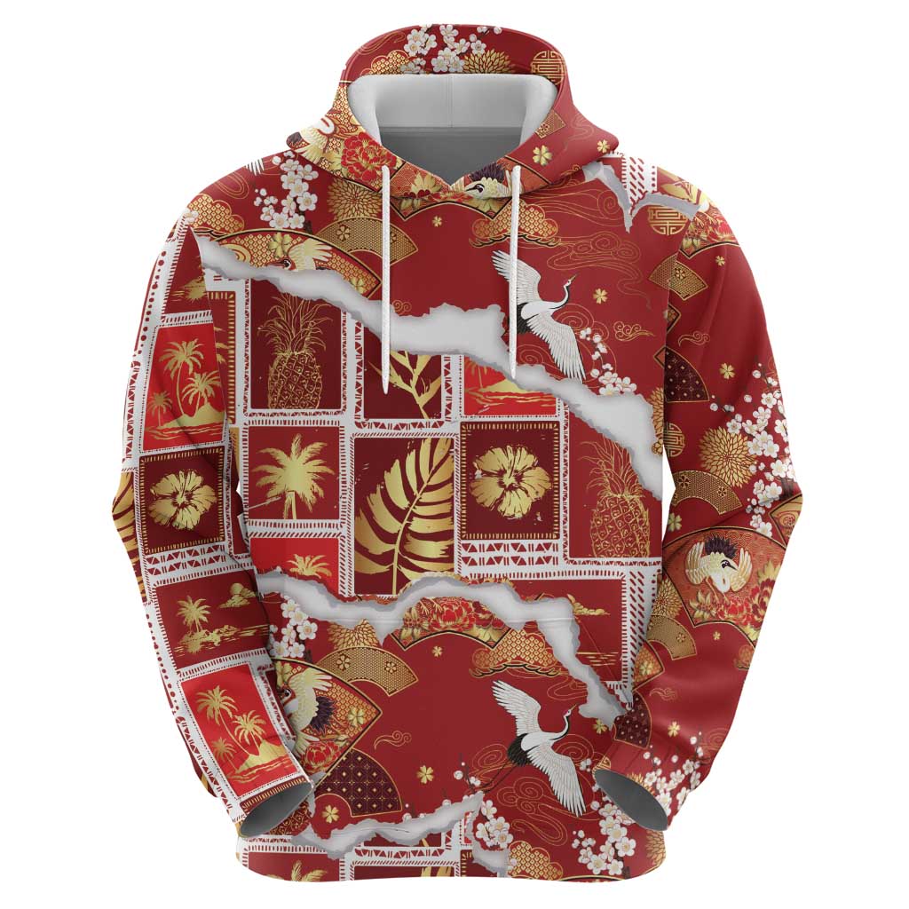 Hawaii Japanese Culture Red Hoodie Spring Cranes Aloha Pattern