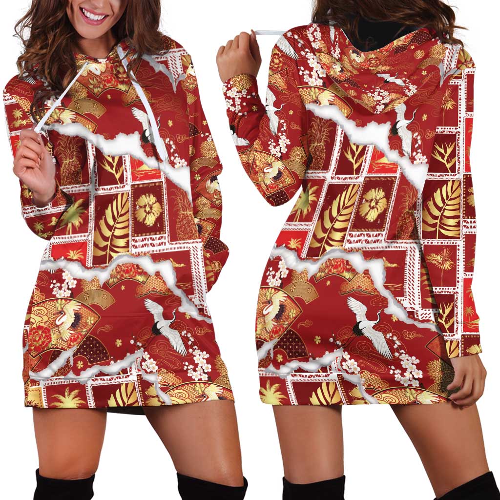 Hawaii Japanese Culture Red Hoodie Dress Spring Cranes Aloha Pattern