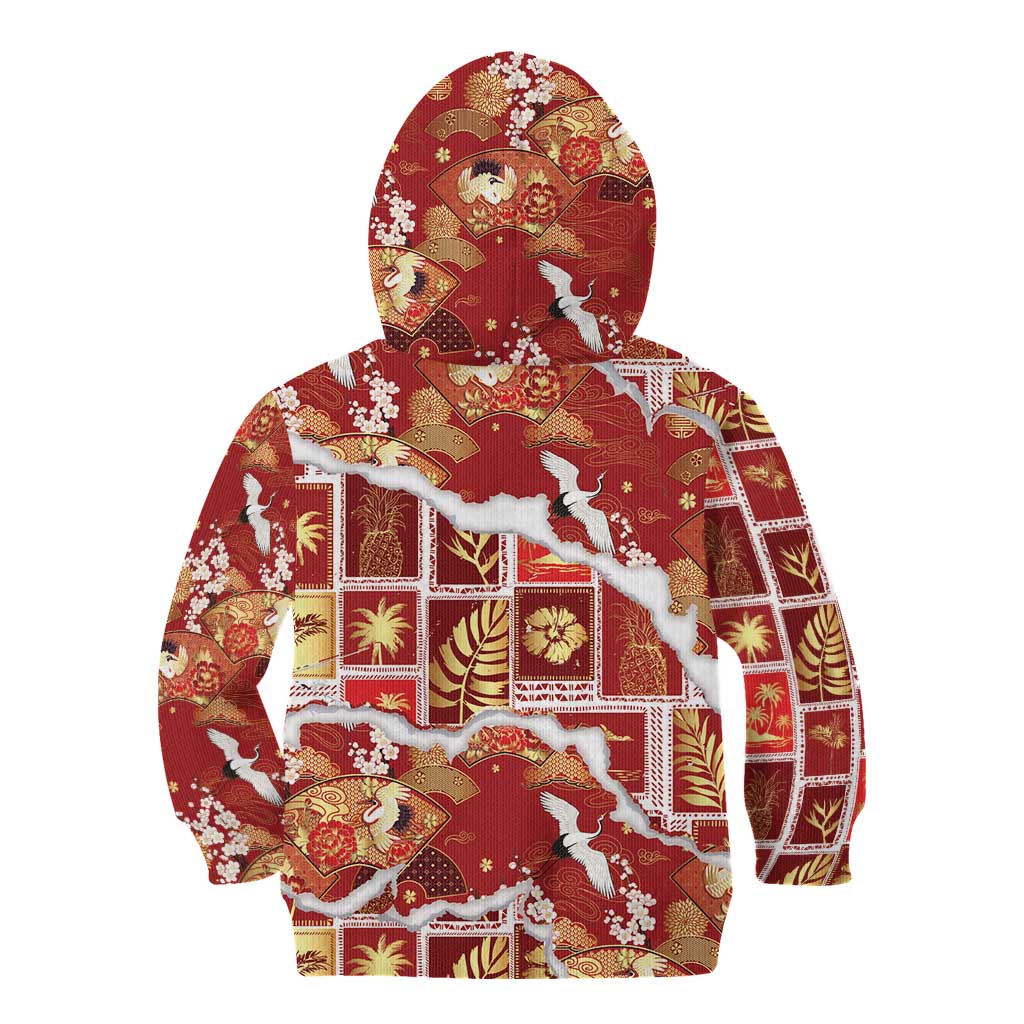 Hawaii Japanese Culture Red Kid Hoodie Spring Cranes Aloha Pattern