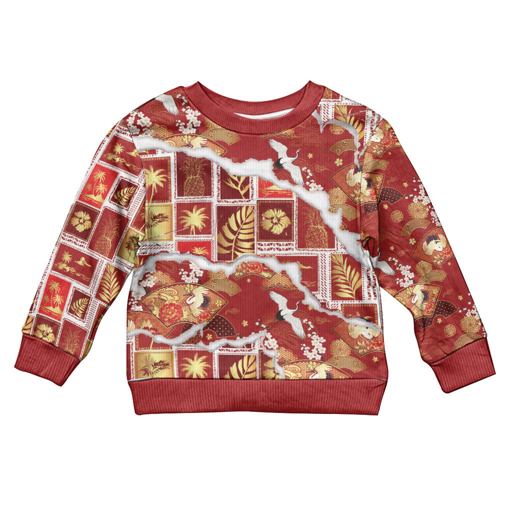 Hawaii Japanese Culture Red Kid Ugly Christmas Sweater Spring Cranes Aloha Pattern LT01 Kid Red - Polynesian Pride