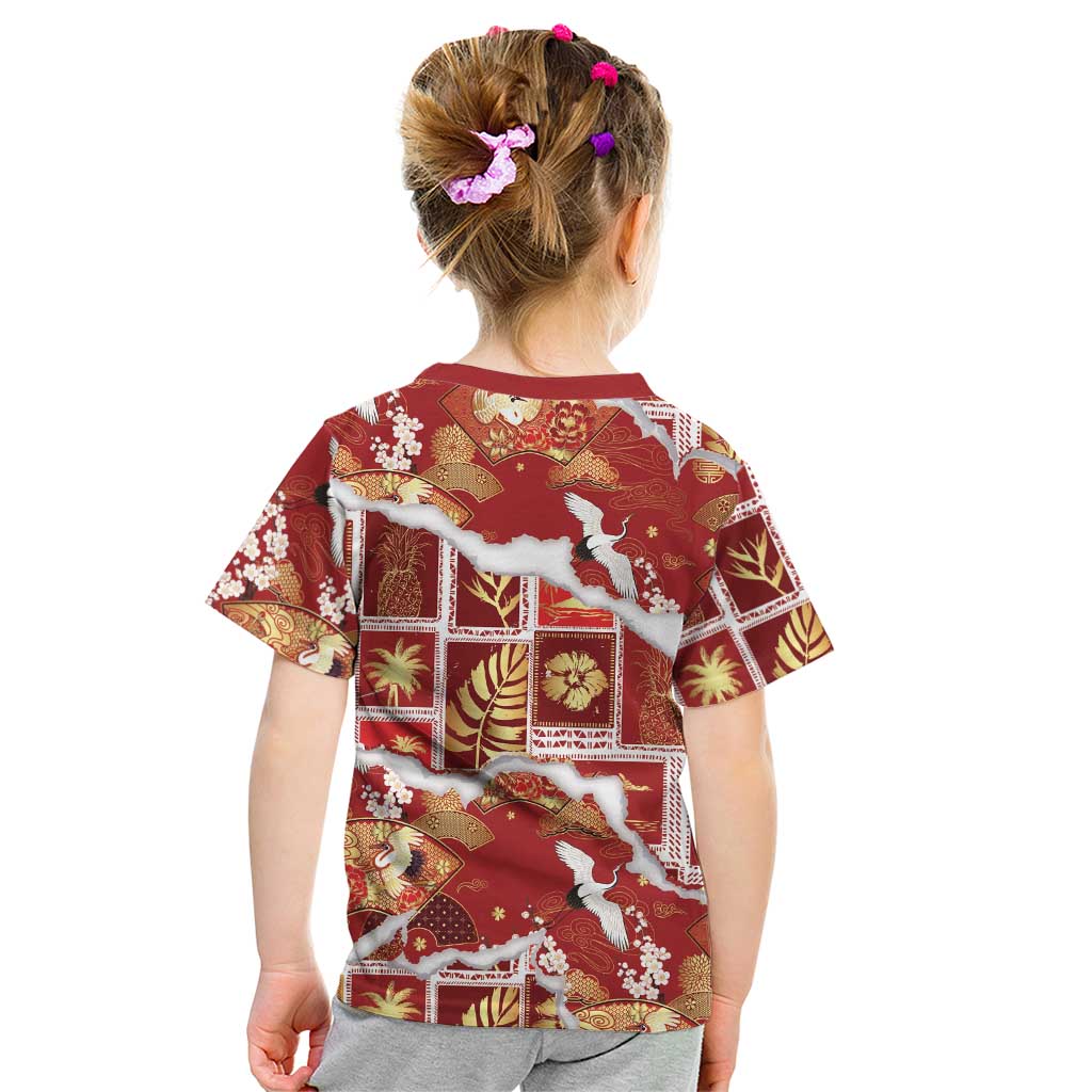 Hawaii Japanese Culture Red Kid T Shirt Spring Cranes Aloha Pattern