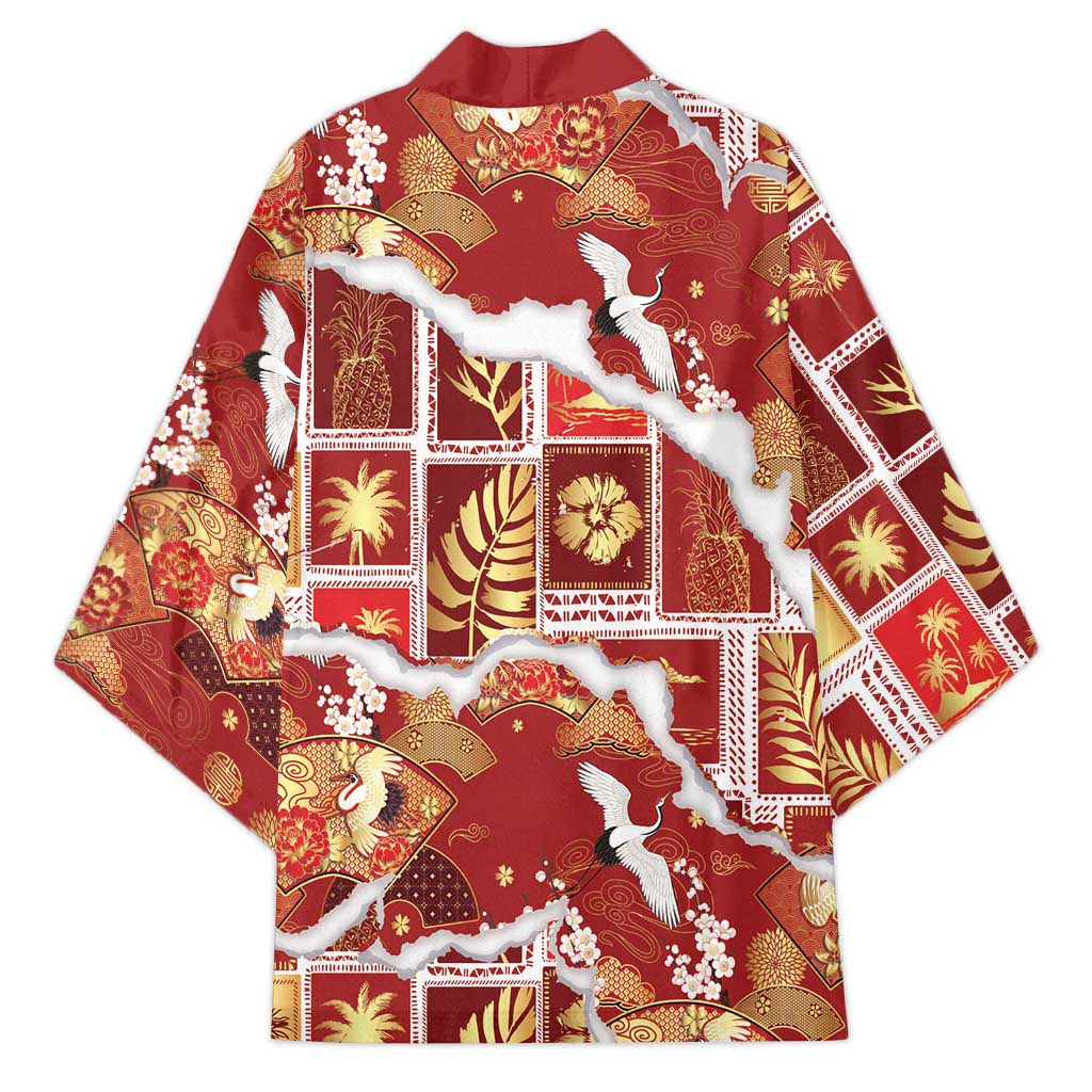 Hawaii Japanese Culture Red Kimono Spring Cranes Aloha Pattern