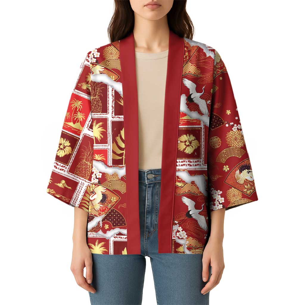 Hawaii Japanese Culture Red Kimono Spring Cranes Aloha Pattern