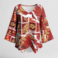 Hawaii Japanese Culture Red Kimono Sleeve Blouse Spring Cranes Aloha Pattern