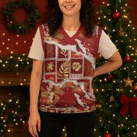 Hawaii Japanese Culture Red Christmas Knitted V-Neck Vest Spring Cranes Aloha Pattern LT01 - Polynesian Pride