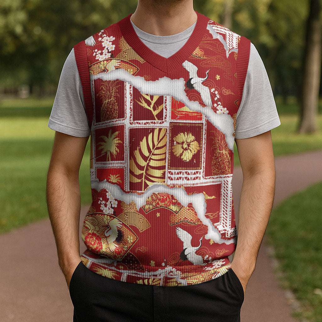 Hawaii Japanese Culture Red Christmas Knitted V-Neck Vest Spring Cranes Aloha Pattern LT01 - Polynesian Pride