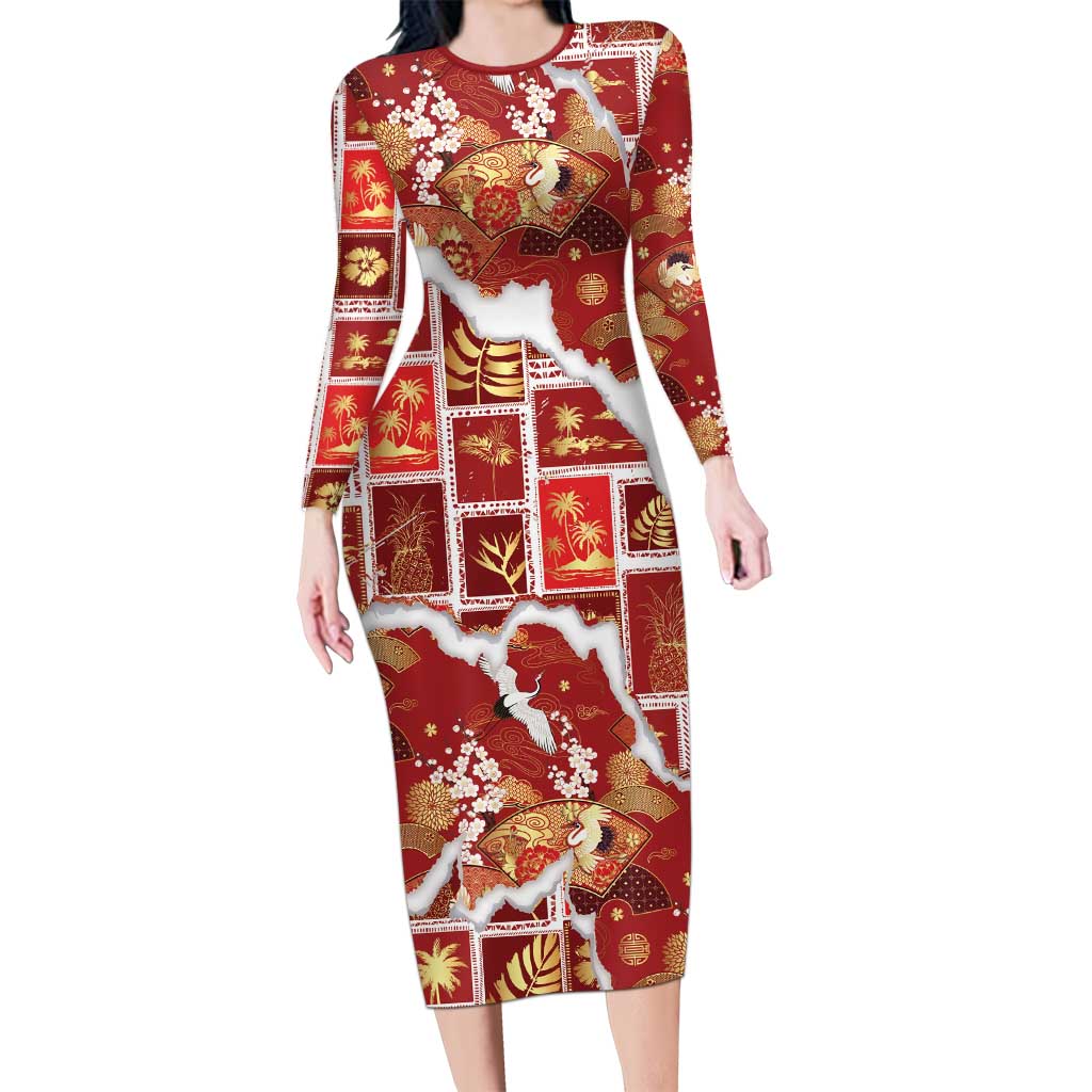 Hawaii Japanese Culture Red Long Sleeve Bodycon Dress Spring Cranes Aloha Pattern