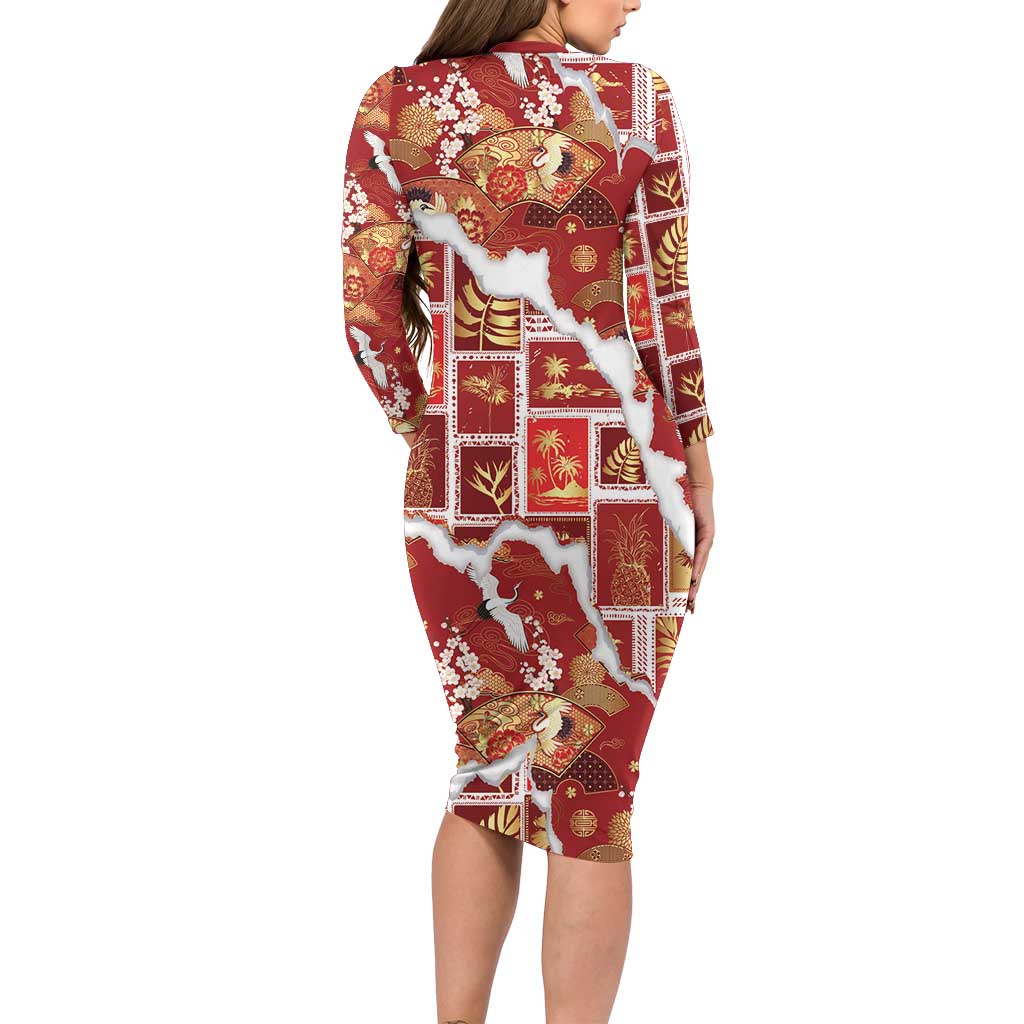 Hawaii Japanese Culture Red Long Sleeve Bodycon Dress Spring Cranes Aloha Pattern