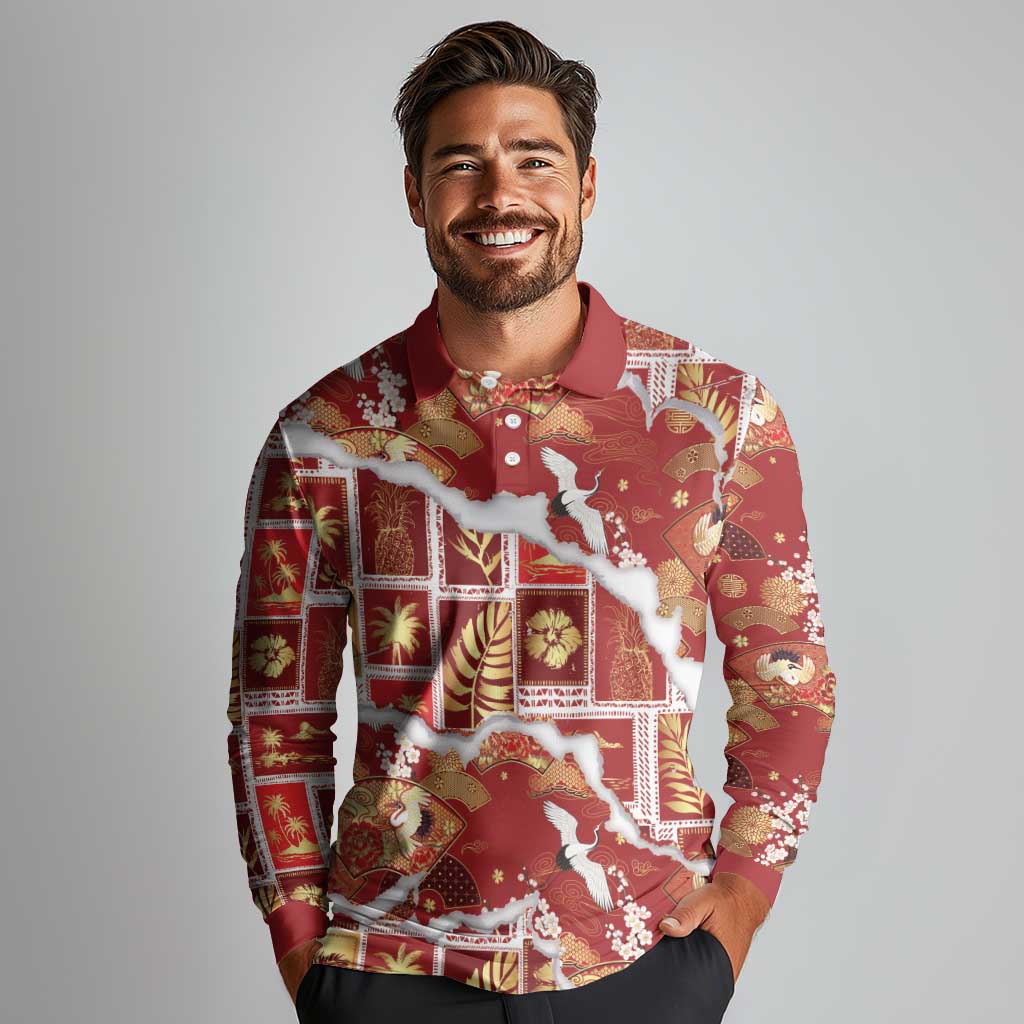 Hawaii Japanese Culture Red Long Sleeve Polo Shirt Spring Cranes Aloha Pattern