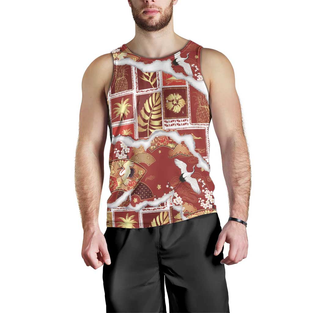 Hawaii Japanese Culture Red Men Tank Top Spring Cranes Aloha Pattern