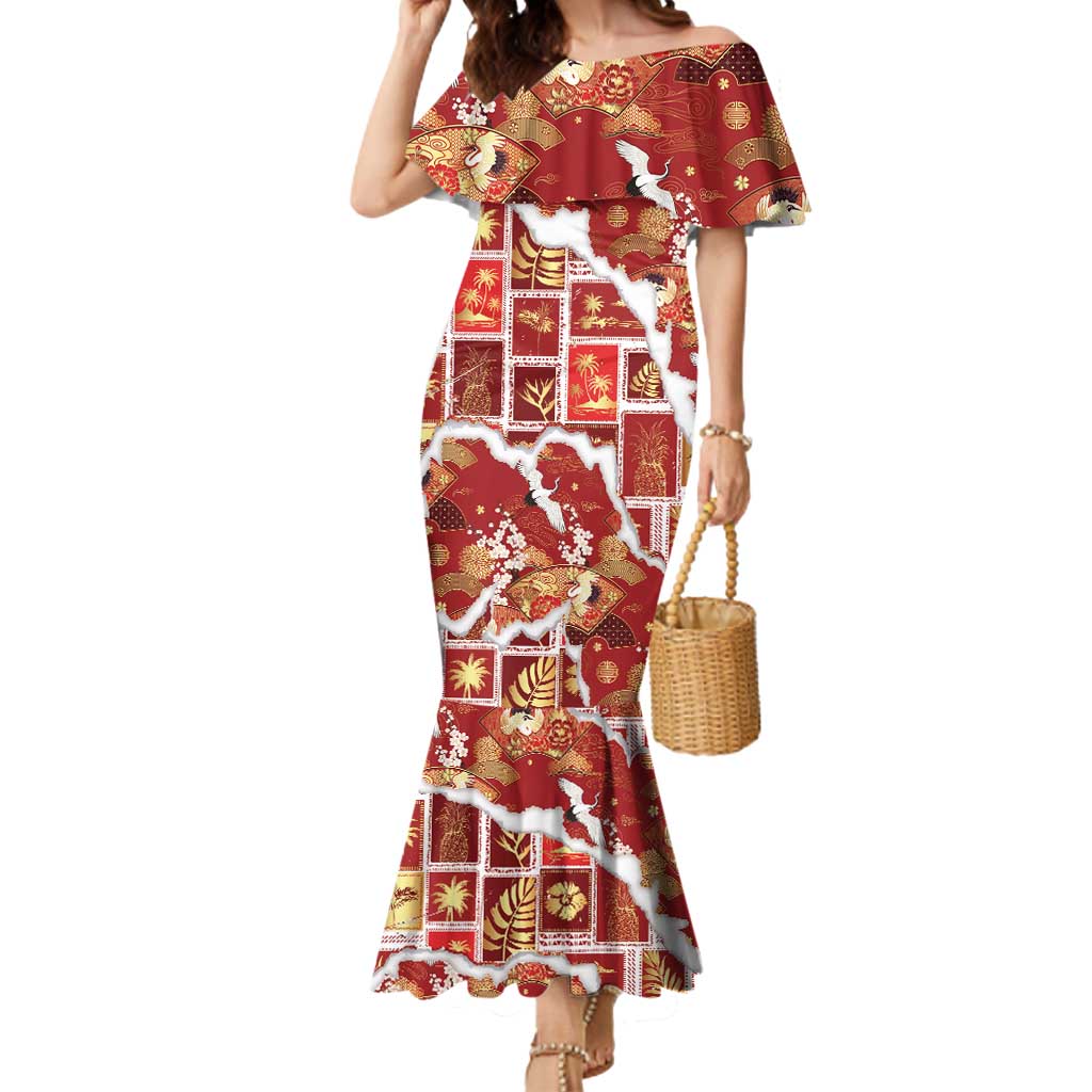 Hawaii Japanese Culture Red Mermaid Dress Spring Cranes Aloha Pattern