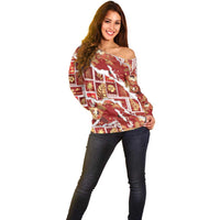Hawaii Japanese Culture Red Off Shoulder Sweater Spring Cranes Aloha Pattern