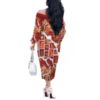 Hawaii Japanese Culture Red Off The Shoulder Long Sleeve Dress Spring Cranes Aloha Pattern