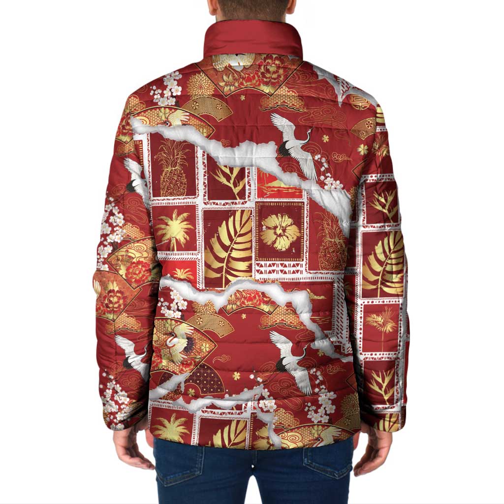 Hawaii Japanese Culture Red Padded Jacket Spring Cranes Aloha Pattern