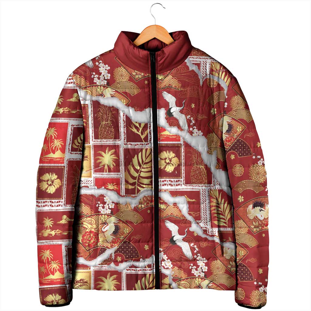 Hawaii Japanese Culture Red Padded Jacket Spring Cranes Aloha Pattern