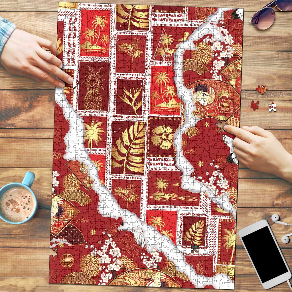 Hawaii Japanese Culture Red Puzzle Spring Cranes Aloha Pattern