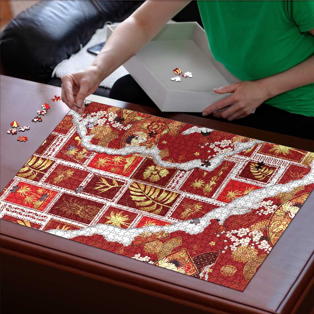 Hawaii Japanese Culture Red Puzzle Spring Cranes Aloha Pattern