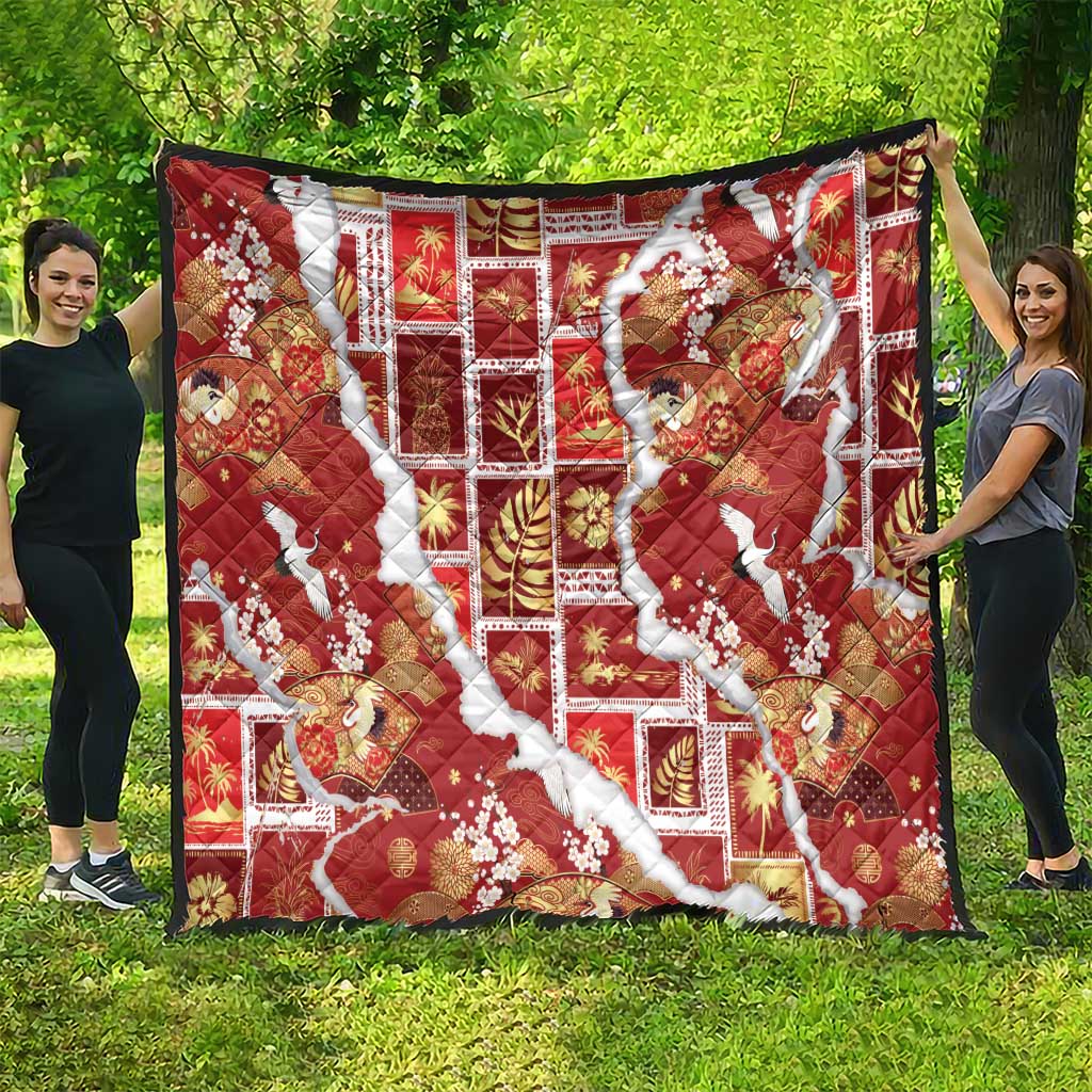 Hawaii Japanese Culture Red Quilt Spring Cranes Aloha Pattern