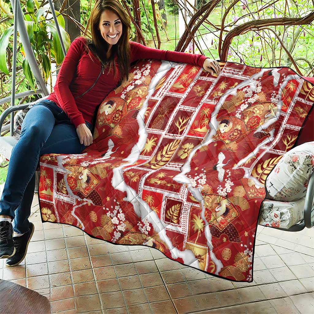 Hawaii Japanese Culture Red Quilt Spring Cranes Aloha Pattern