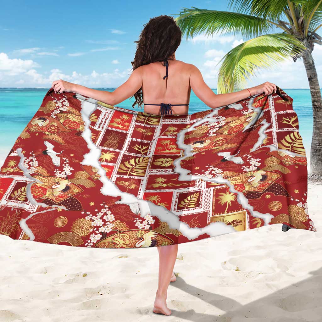 Hawaii Japanese Culture Red Sarong Spring Cranes Aloha Pattern