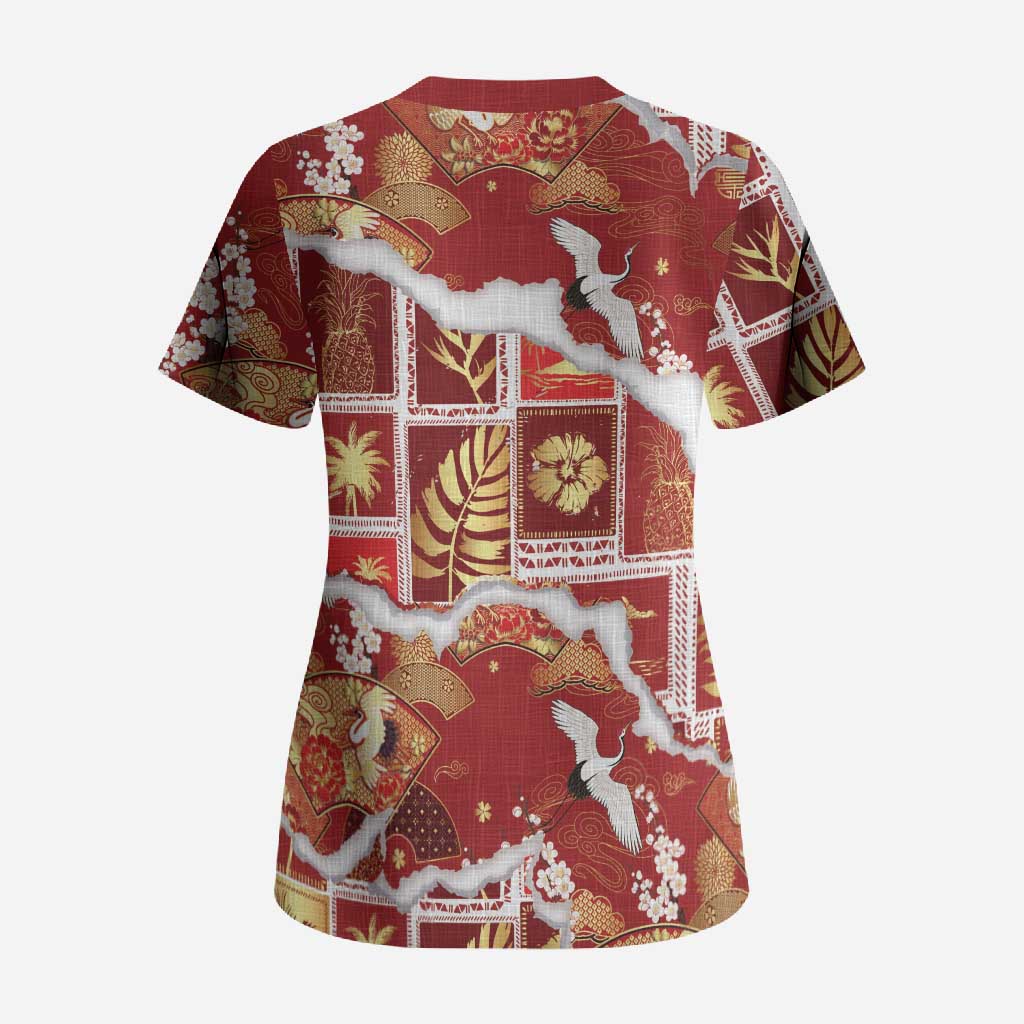 Hawaii Japanese Culture Red Scrub Top Spring Cranes Aloha Pattern