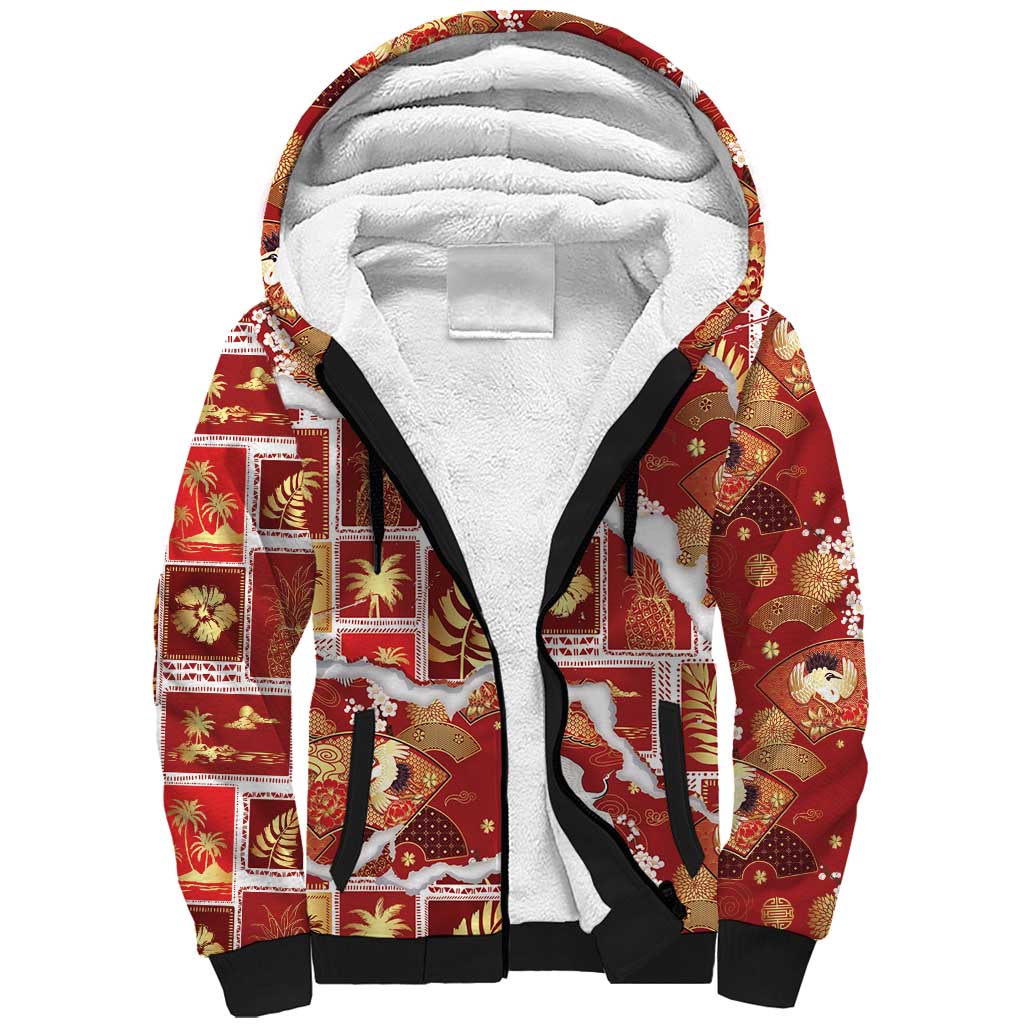 Hawaii Japanese Culture Red Sherpa Hoodie Spring Cranes Aloha Pattern