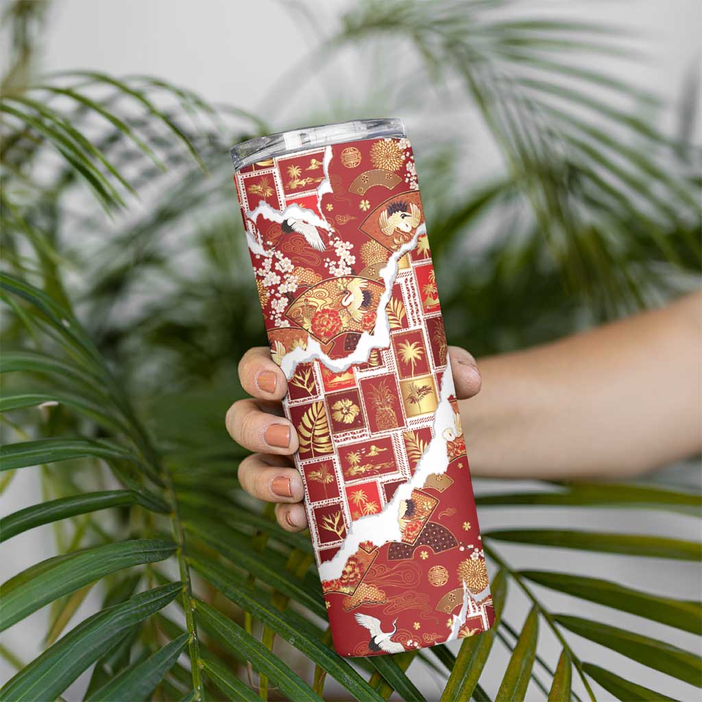 Hawaii Japanese Culture Red Skinny Tumbler Spring Cranes Aloha Pattern
