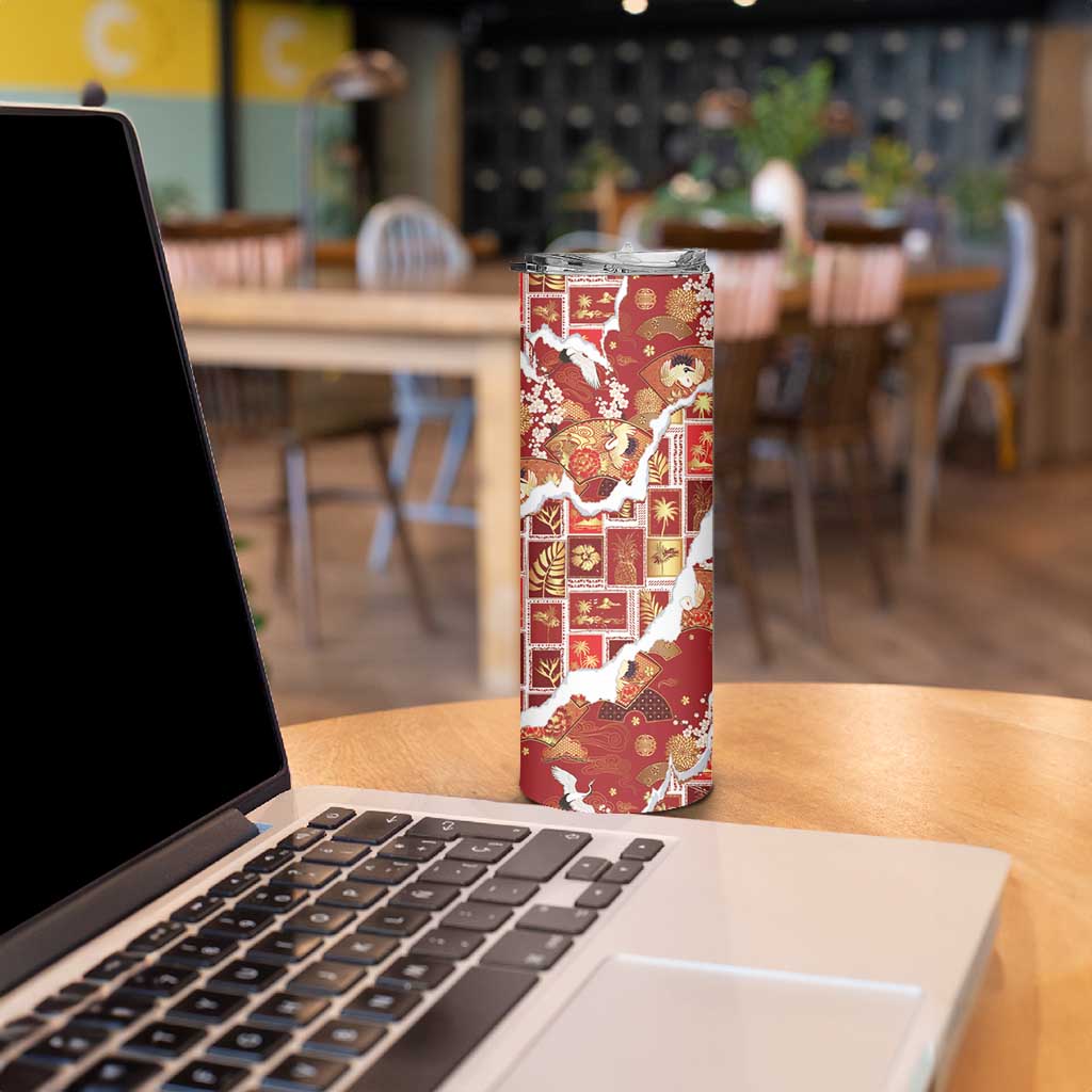 Hawaii Japanese Culture Red Skinny Tumbler Spring Cranes Aloha Pattern
