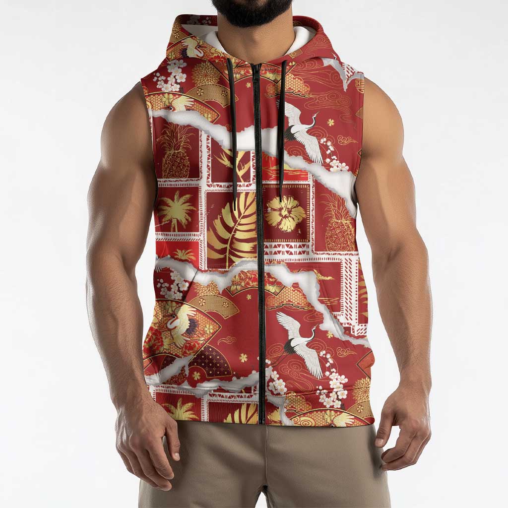 Hawaii Japanese Culture Red Sleeveless Zip Hoodie Spring Cranes Aloha Pattern