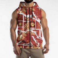 Hawaii Japanese Culture Red Sleeveless Zip Hoodie Spring Cranes Aloha Pattern
