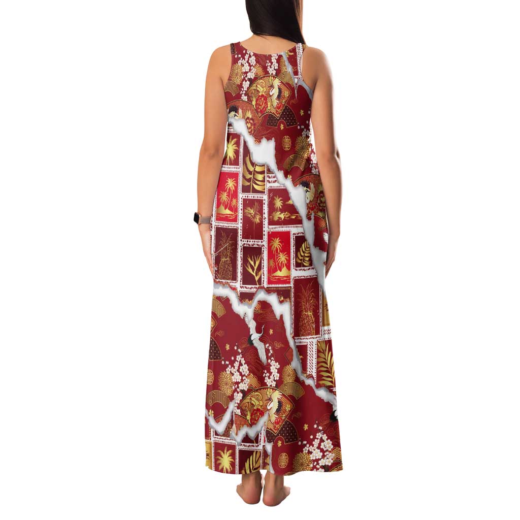 Hawaii Japanese Culture Red Tank Maxi Dress Spring Cranes Aloha Pattern