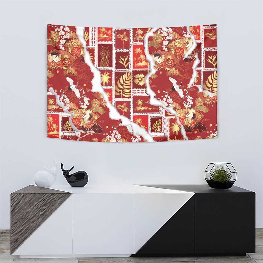 Hawaii Japanese Culture Red Tapestry Spring Cranes Aloha Pattern