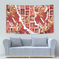 Hawaii Japanese Culture Red Tapestry Spring Cranes Aloha Pattern