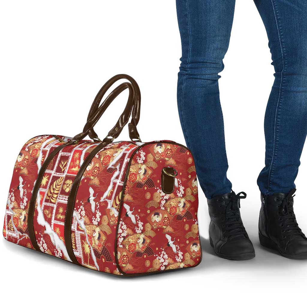 Hawaii Japanese Culture Red Travel Bag Spring Cranes Aloha Pattern