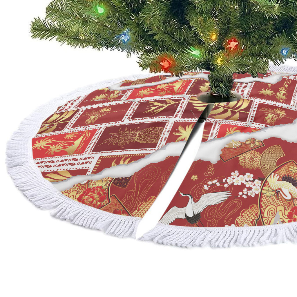 Hawaii Japanese Culture Red Tree Skirt Spring Cranes Aloha Pattern LT01 - Polynesian Pride