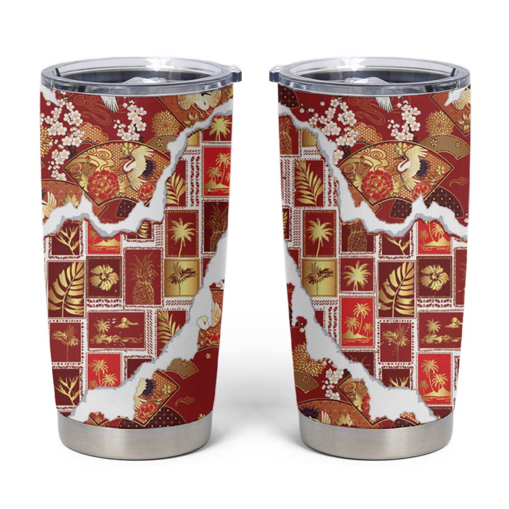 Hawaii Japanese Culture Red Tumbler Cup Spring Cranes Aloha Pattern