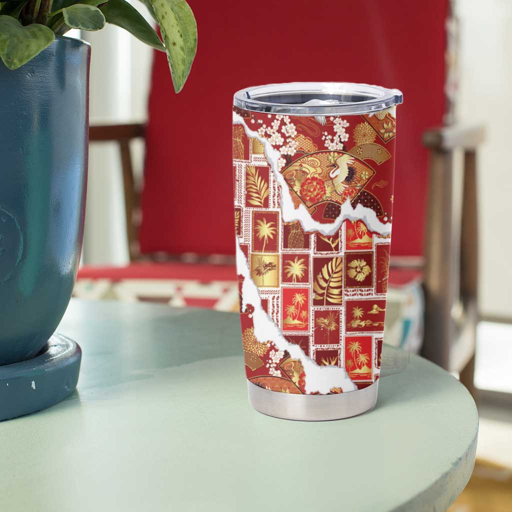 Hawaii Japanese Culture Red Tumbler Cup Spring Cranes Aloha Pattern