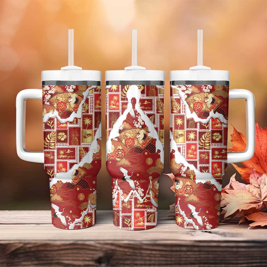 Hawaii Japanese Culture Red Tumbler With Handle Spring Cranes Aloha Pattern