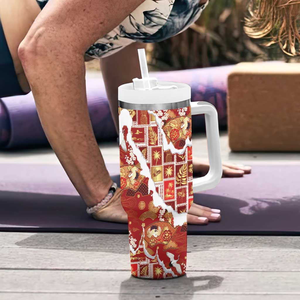 Hawaii Japanese Culture Red Tumbler With Handle Spring Cranes Aloha Pattern