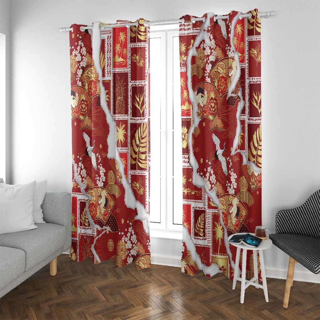 Hawaii Japanese Culture Red Window Curtain Spring Cranes Aloha Pattern