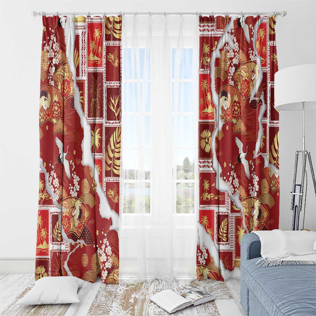 Hawaii Japanese Culture Red Window Curtain Spring Cranes Aloha Pattern