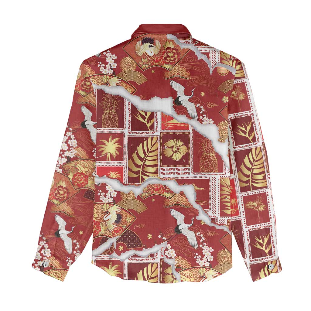 Hawaii Japanese Culture Red Women Casual Shirt Spring Cranes Aloha Pattern